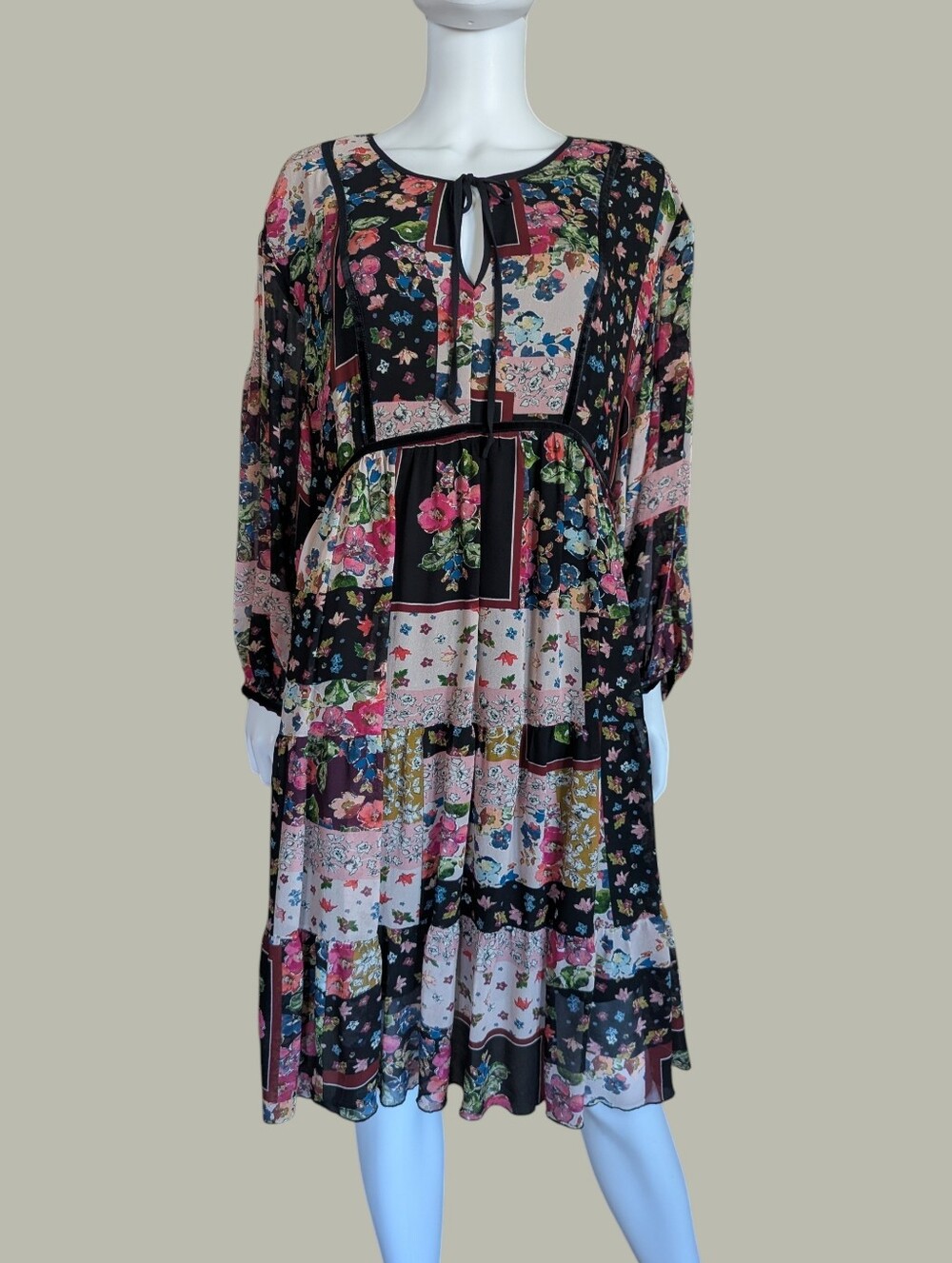 Johnny Was Black and Pink Floral Patchwork Mini Dress